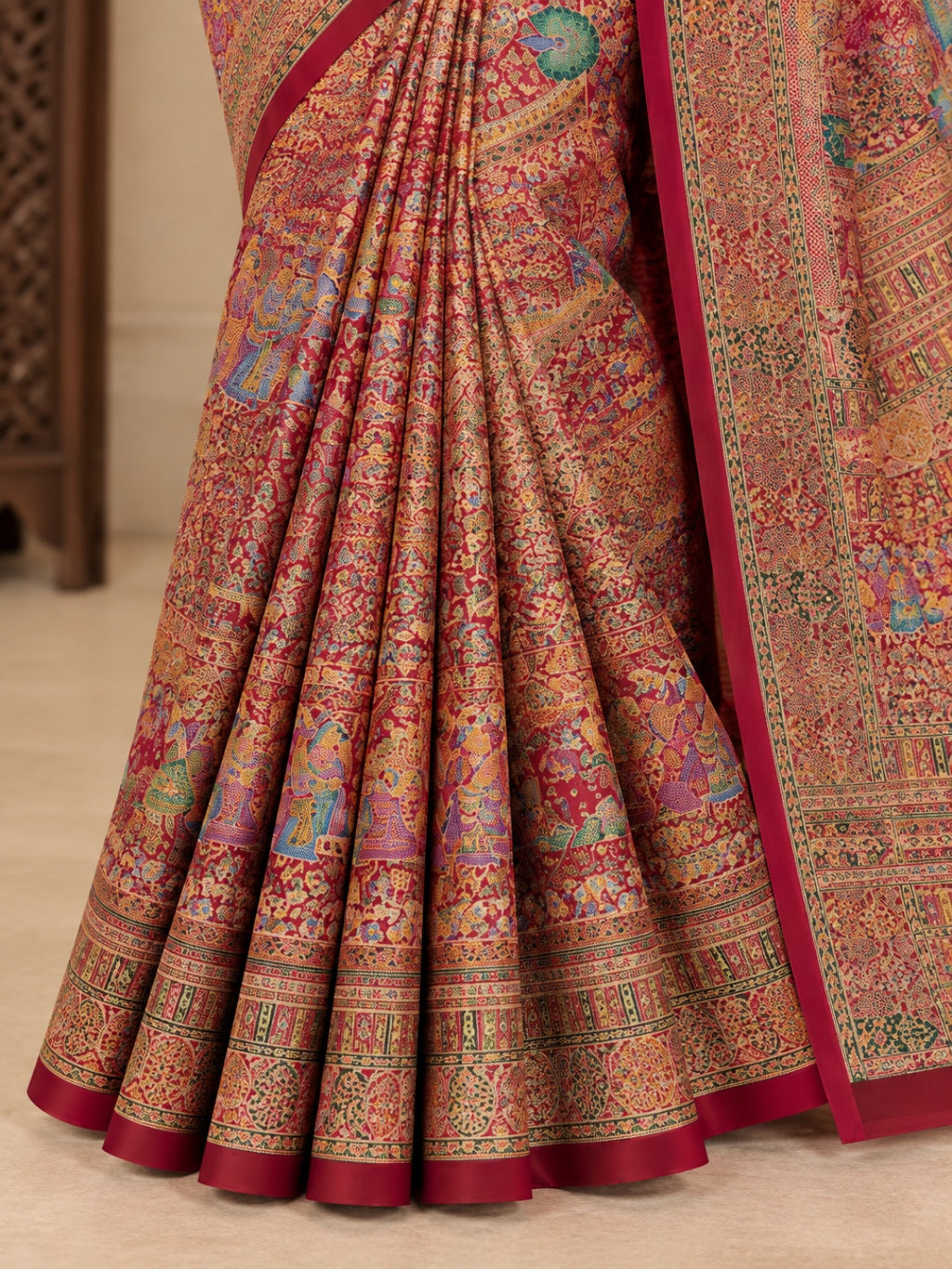 Silk Blend Rani Pink with Multicolor Saree for Wedding &amp; Festive Wear with Unstitched Blouse