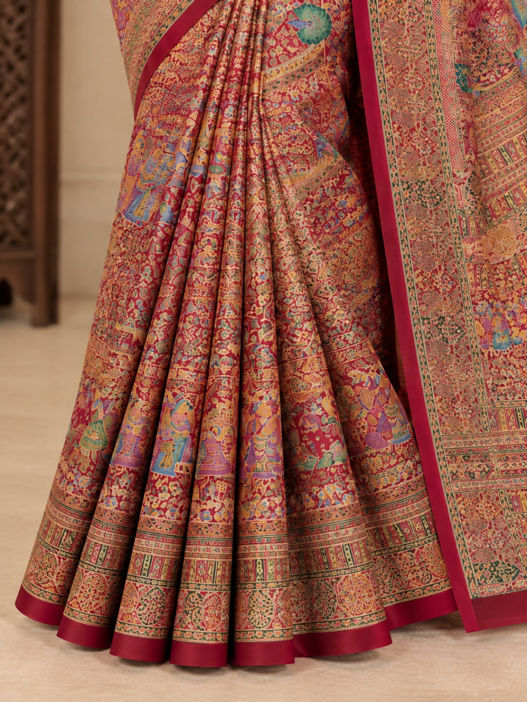 Silk Blend Rani Pink with Multicolor Saree for Wedding &amp; Festive Wear with Unstitched Blouse