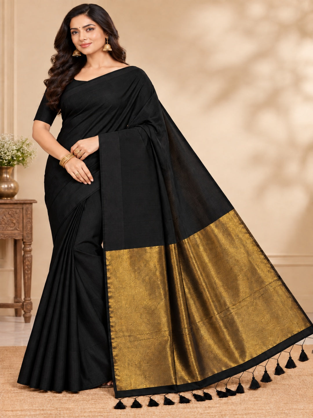 Black Khadi sarees Solid saree with Woven Design Border