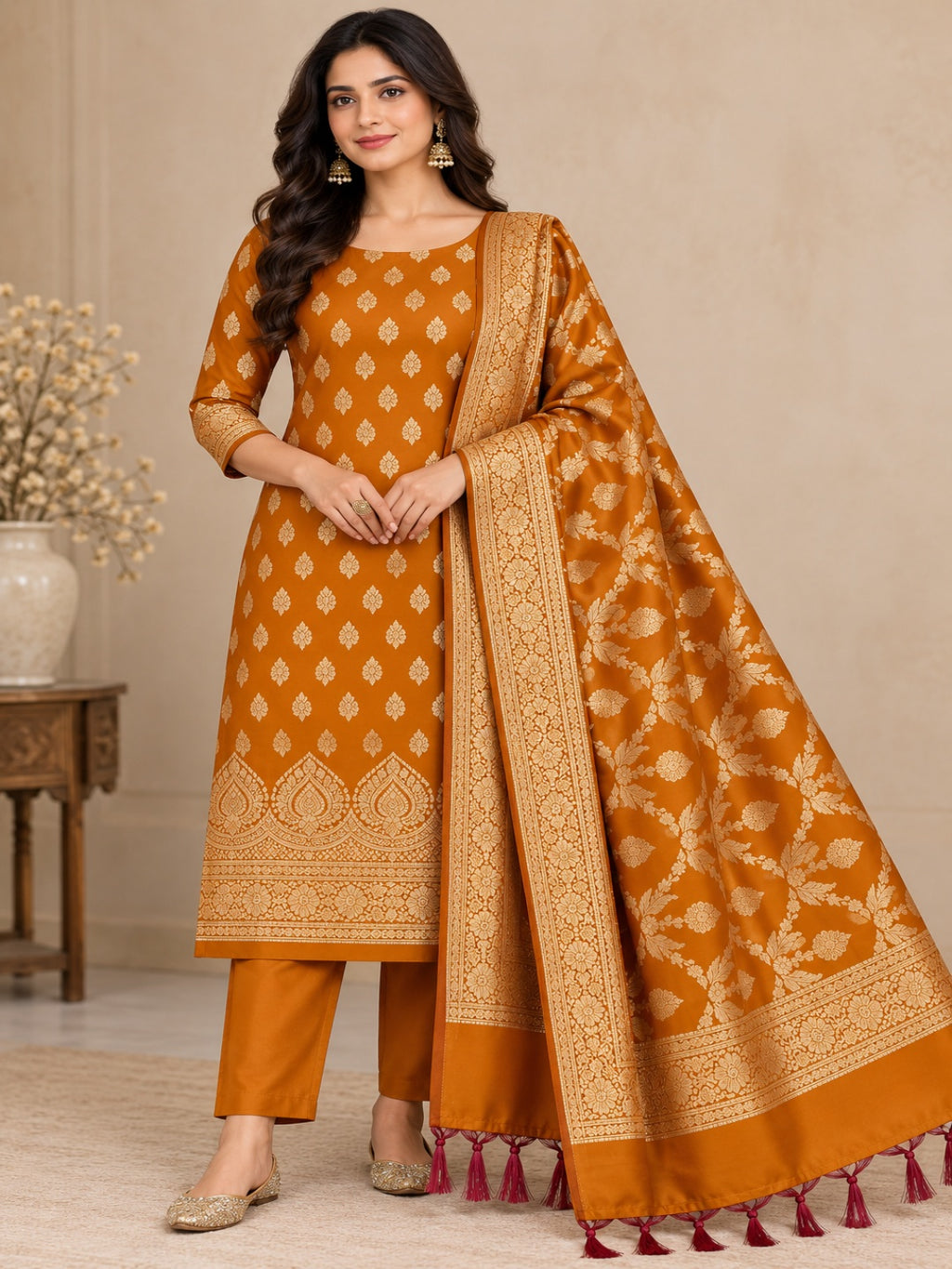 Banarasi Cotton Silk 3pc Unstitched Suit Zari Weaving Suit
