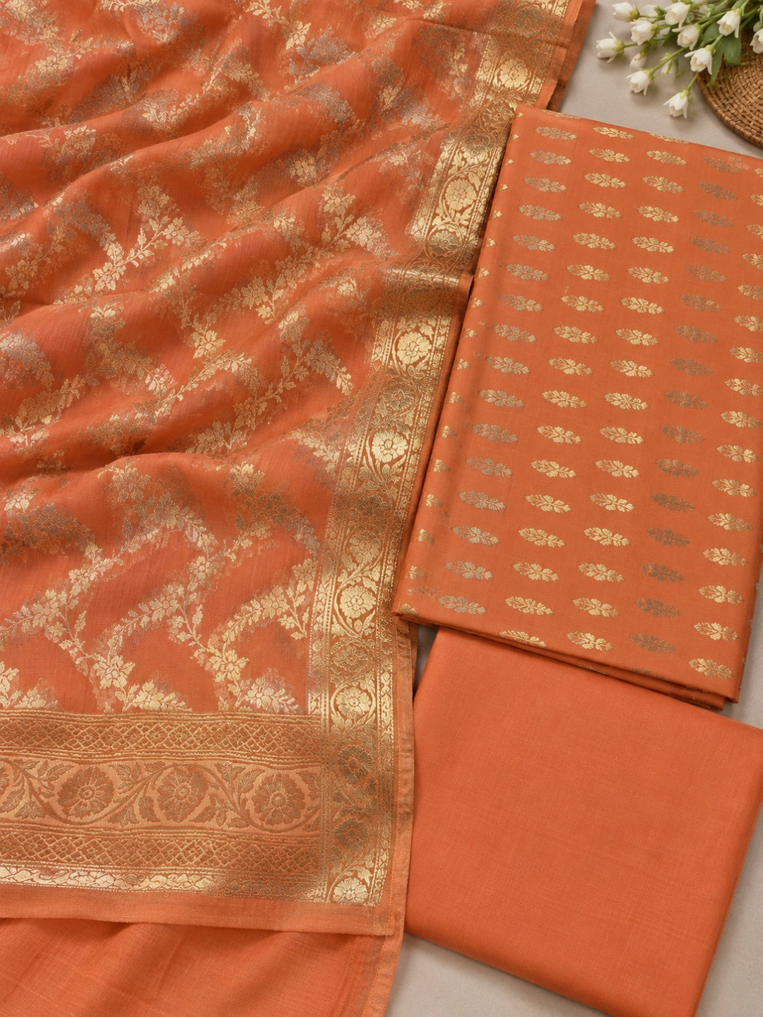Banarsi Muslin Silk 3pc Unstitched Suit Zari Weaving Suit
