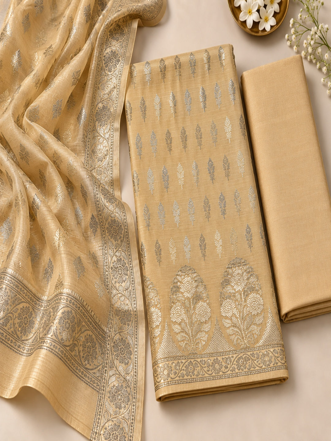 Banarsi Cotton Silk 3pc Unstitched Suit Zari Weaving Suit
