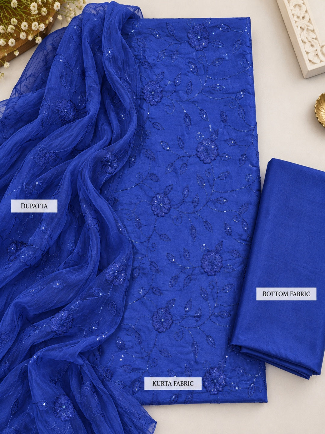 Crushed Crepe Royal Blue 3pc unstitched dress material Suit