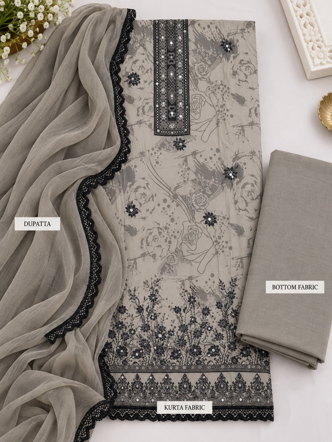 Mirror work printed with lace Unstitched Suit Grey Color