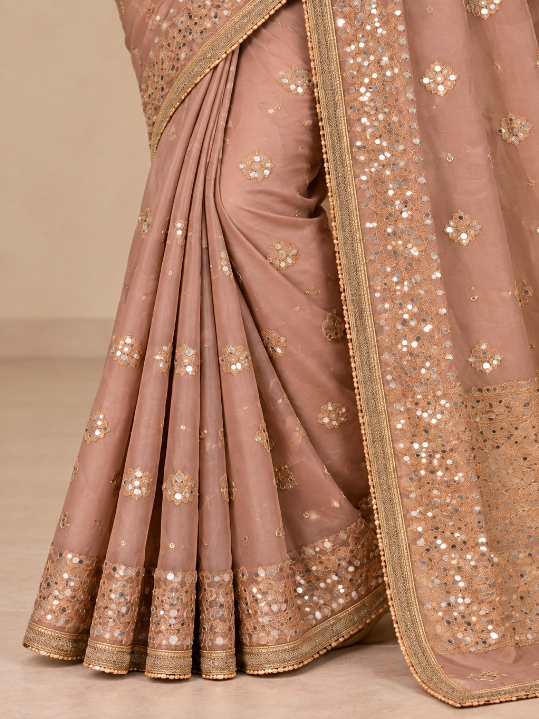 Organza Tissue Dusty Rose Miroor Work Saree for Wedding &amp; Festive Wear with Unstitched Blouse