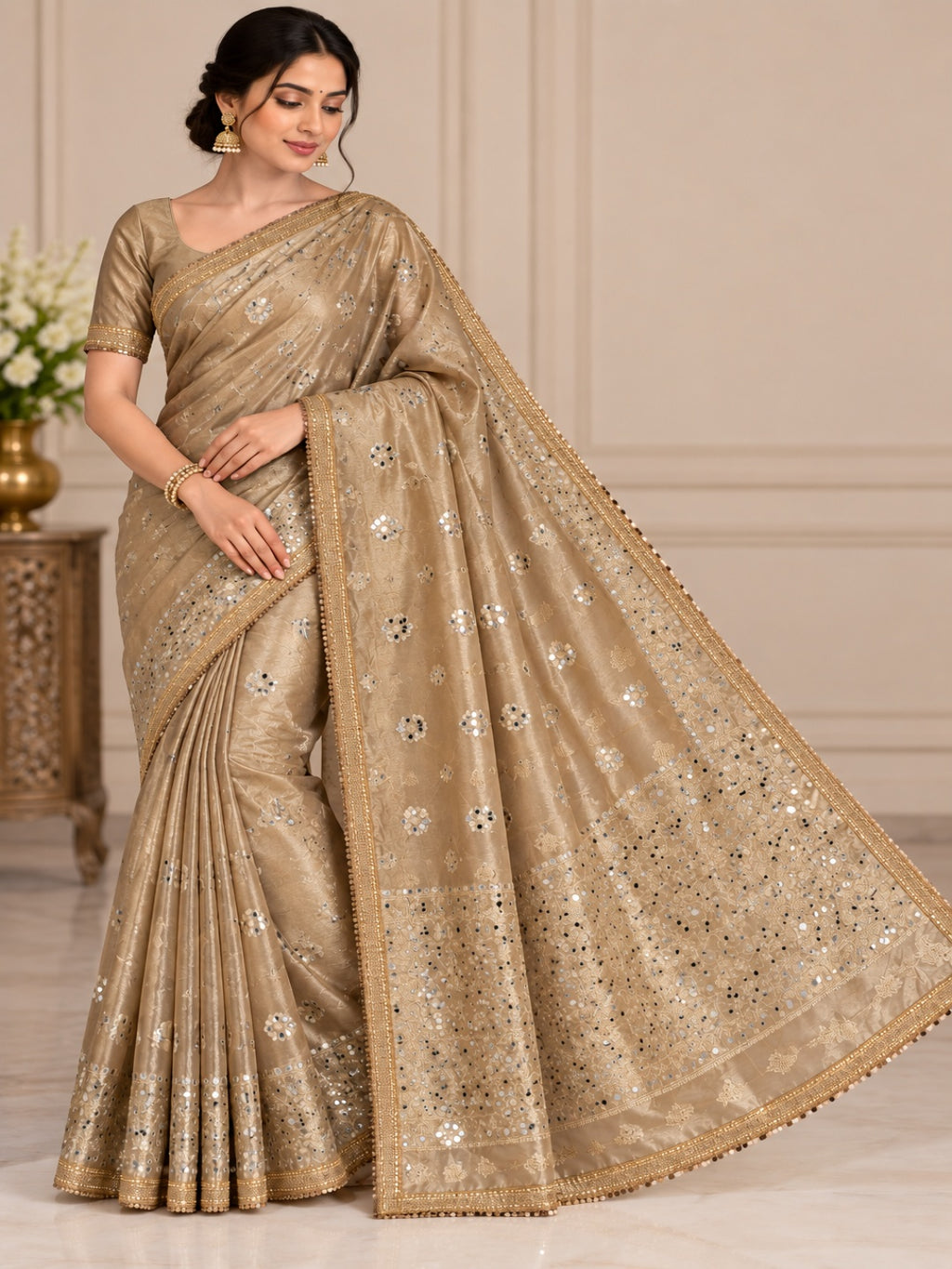 Woven Design Mirror Work Tissue Designer Banarasi Saree