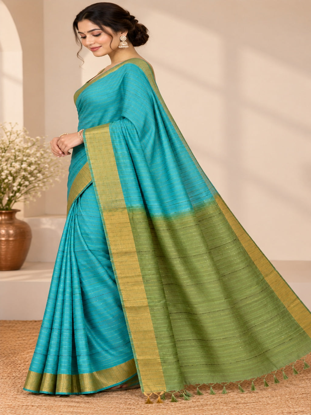 Turquoise Blue and Olive Green Tussar silk sarees