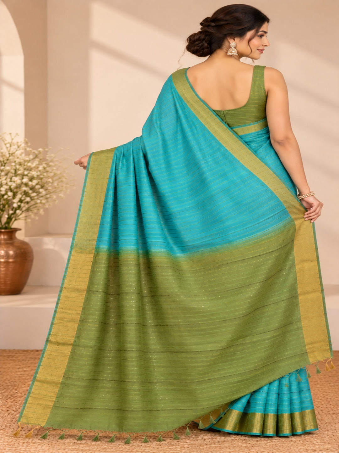 Turquoise Blue and Olive Green Tussar silk sarees
