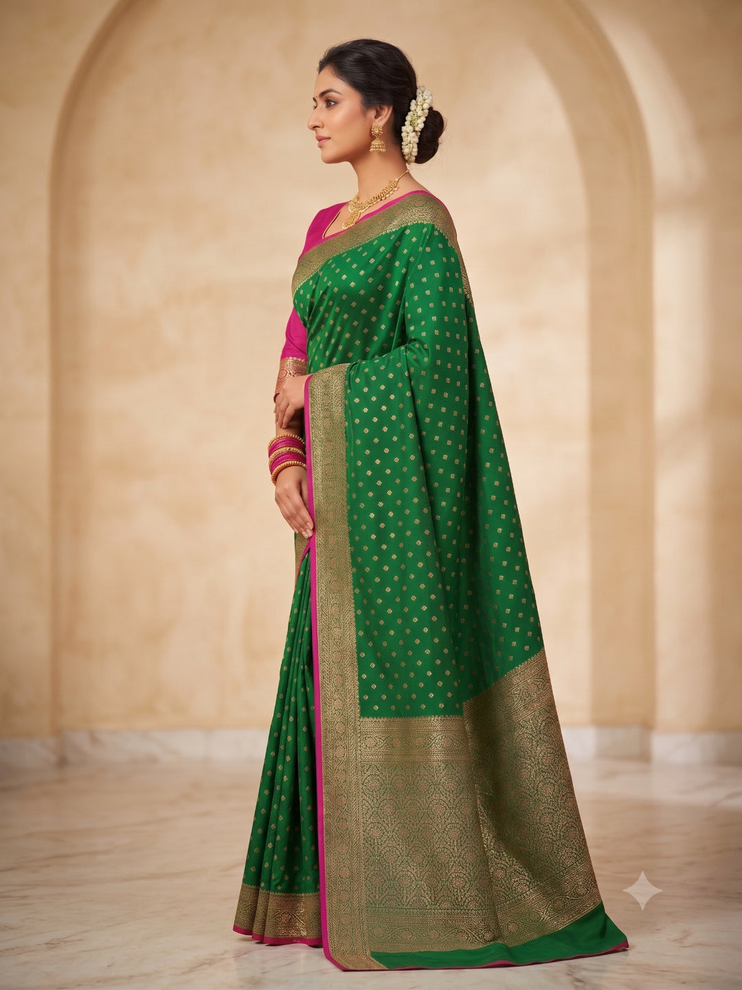 Silk Blend Golden Zari Border Woven Design Saree with Booti/Unstitched Blouse