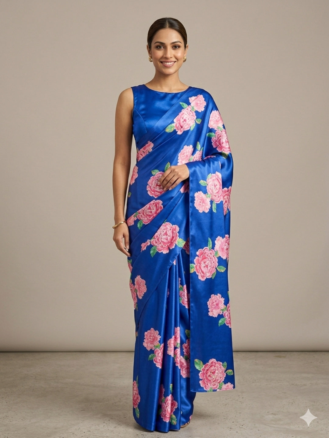 Floral Blue Satin Digital Print Saree/Unstitched Blouse Sari