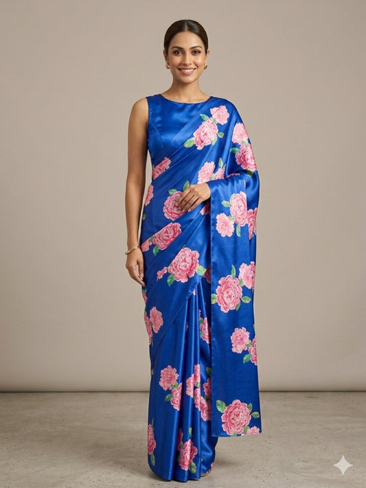 Floral Blue Satin Digital Print Saree/Unstitched Blouse Sari
