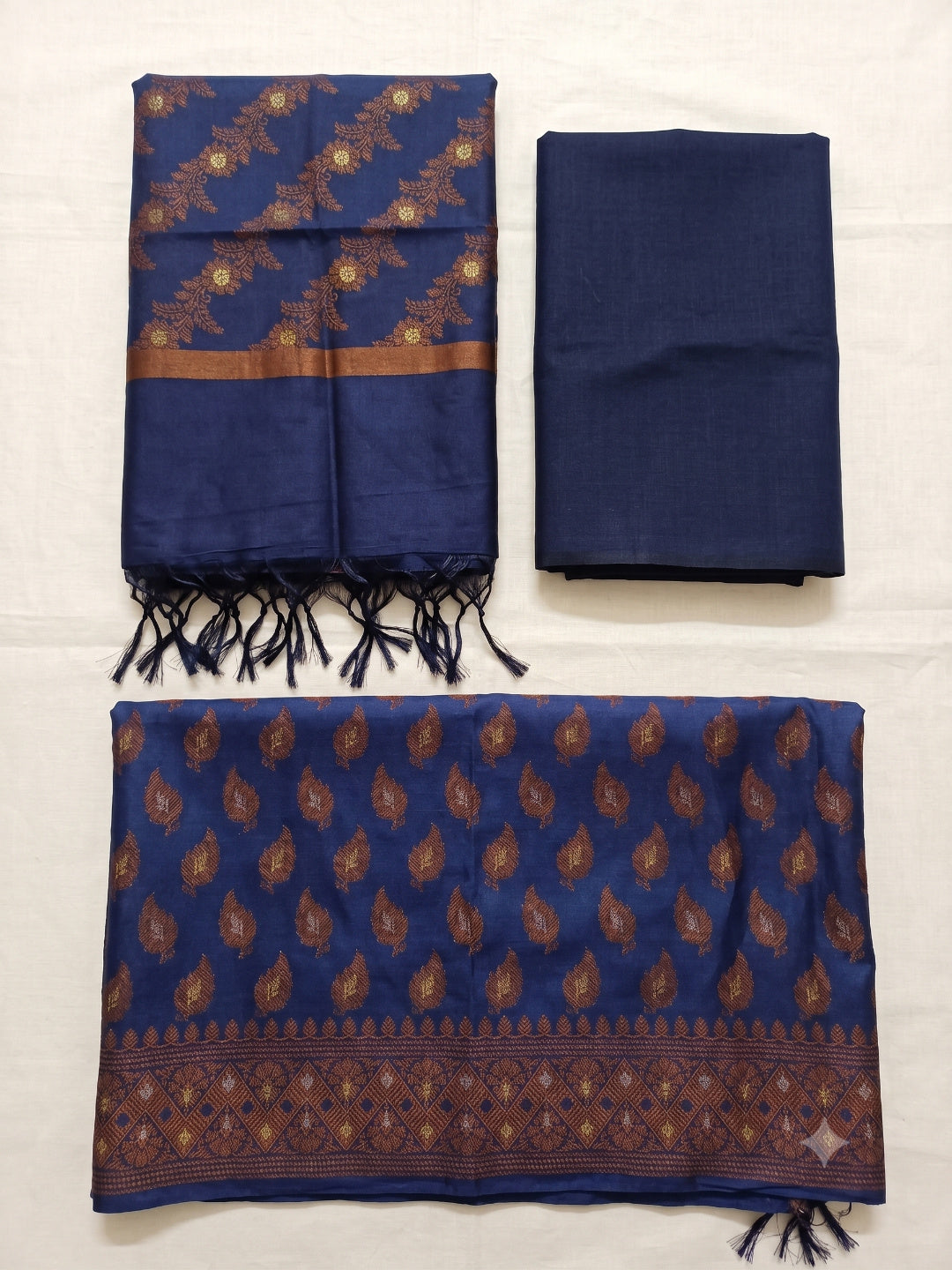 Navy Blue Banarsi Cotton Silk 3 pc unstitched dress material Suit