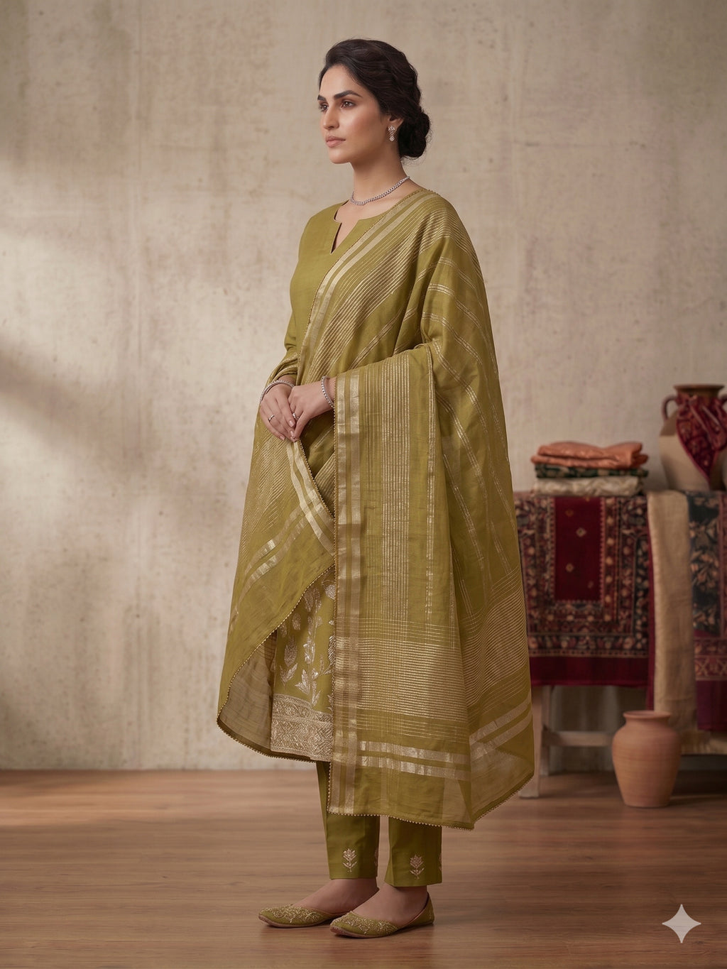 Green Unstitched 3pc Suit Cotton Suit Embroidery Work