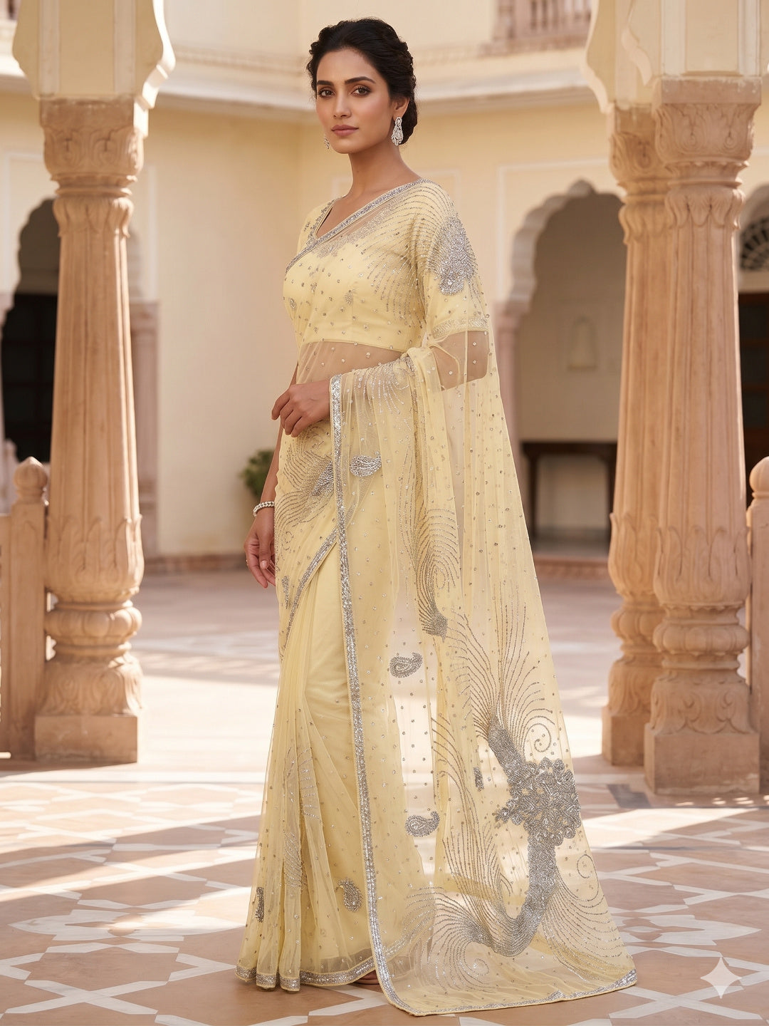 Light Yellow Star Net Saree Cut & Sequins Embroidery Work