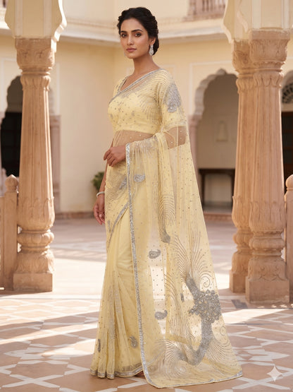 Light Yellow Star Net Saree Cut & Sequins Embroidery Work