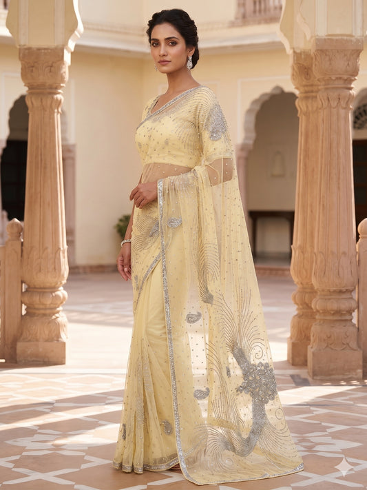 Light Yellow Star Net Saree Cut & Sequins Embroidery Work