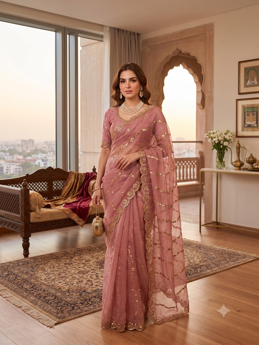 Georgette Green Sequins Work Saree/Sari