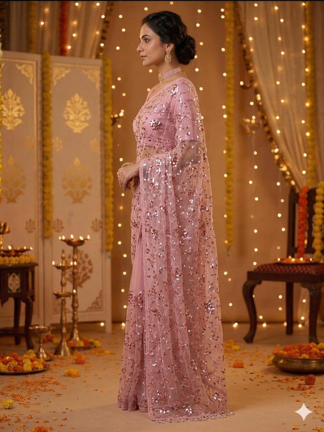 Soft Net Onion Pink Sequence Saree with Unsticthed Blouse
