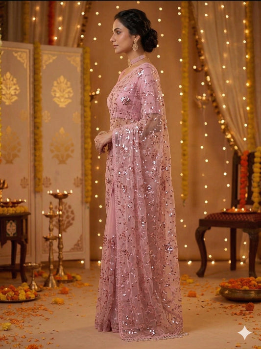 Soft Net Onion Pink Sequence Saree with Unsticthed Blouse