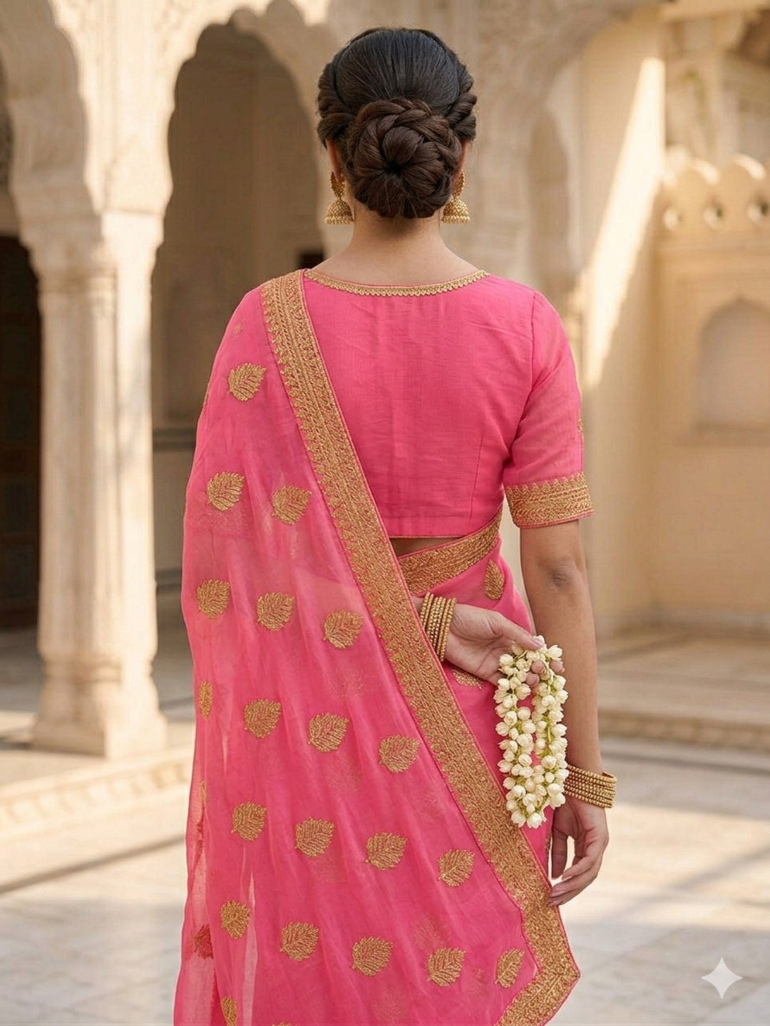 Pink golden Embroidery Georgette Saree