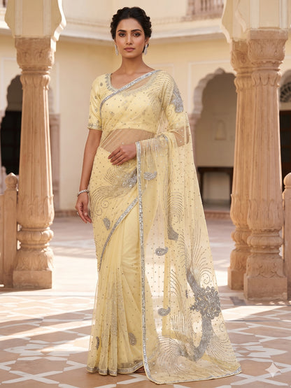 Light Yellow Star Net Saree Cut & Sequins Embroidery Work