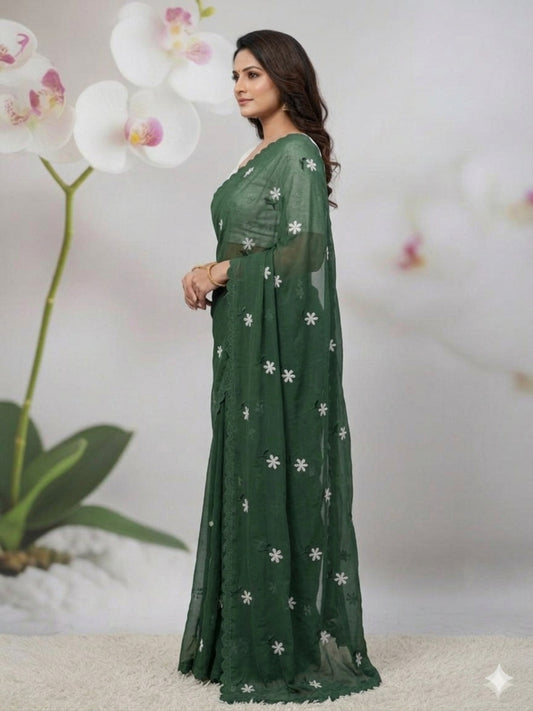 GREEN SAREE WITH THREAD WORK & BLOUSE BANGLORI BLOUSE WITH SEQUENCE WORK