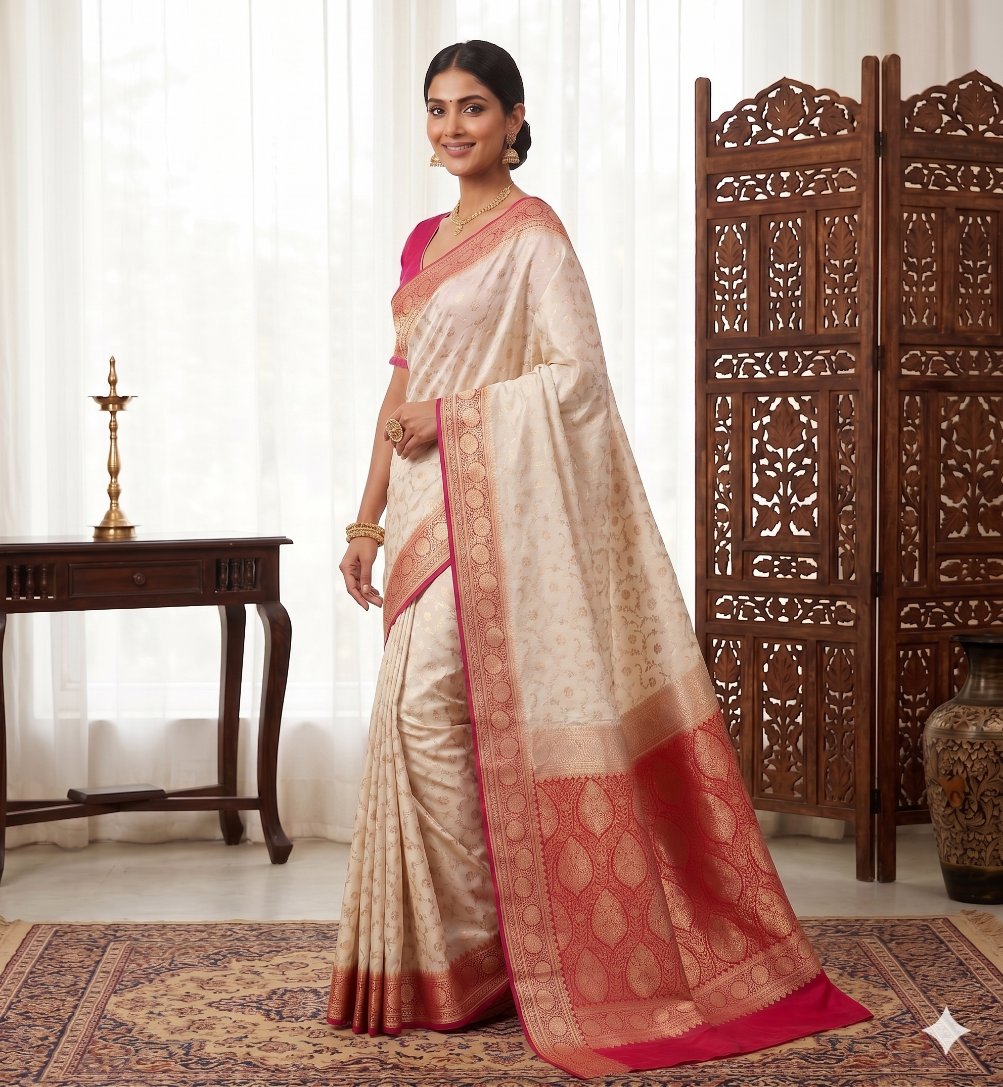 Banarasi Silk Cream & Dark Pink Zari Weaving Work Unstitched Blouse