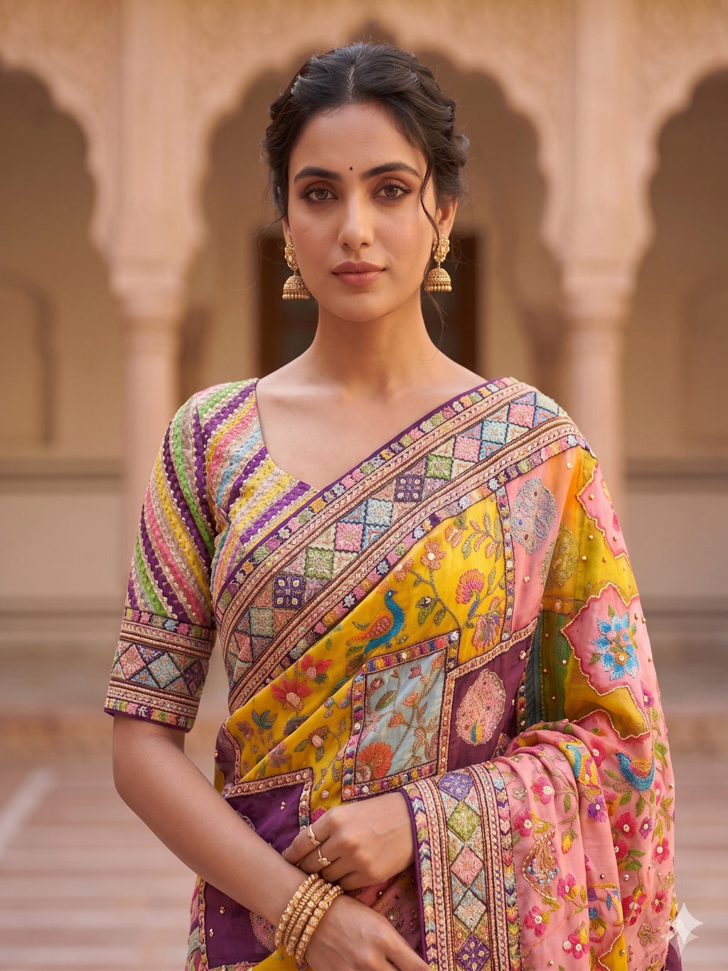 Heavy masakali georgette saree with rajgharana culture digital print and mirror work