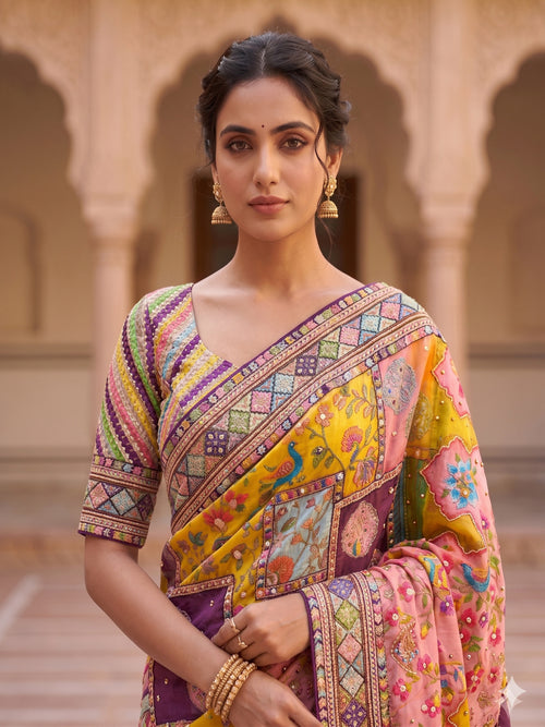 Heavy masakali georgette saree with rajgharana culture digital print and mirror work