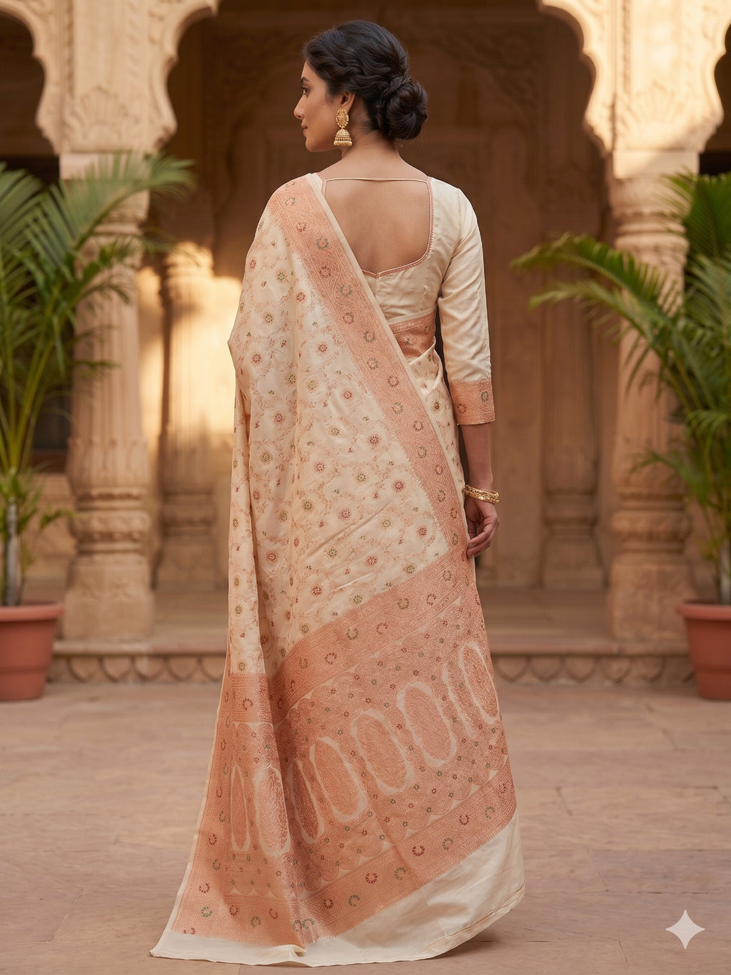 Banarasi Silk Cream &amp; Golden Zari Weaving Work Unstitched Blouse