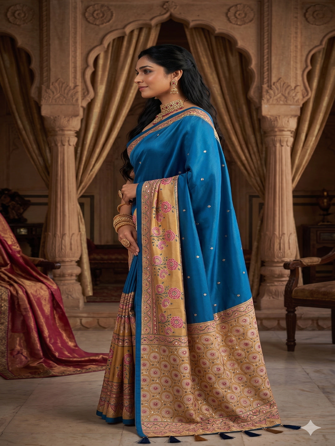 Japan Satin Silk Mirror Work with Latkan Pallu Border