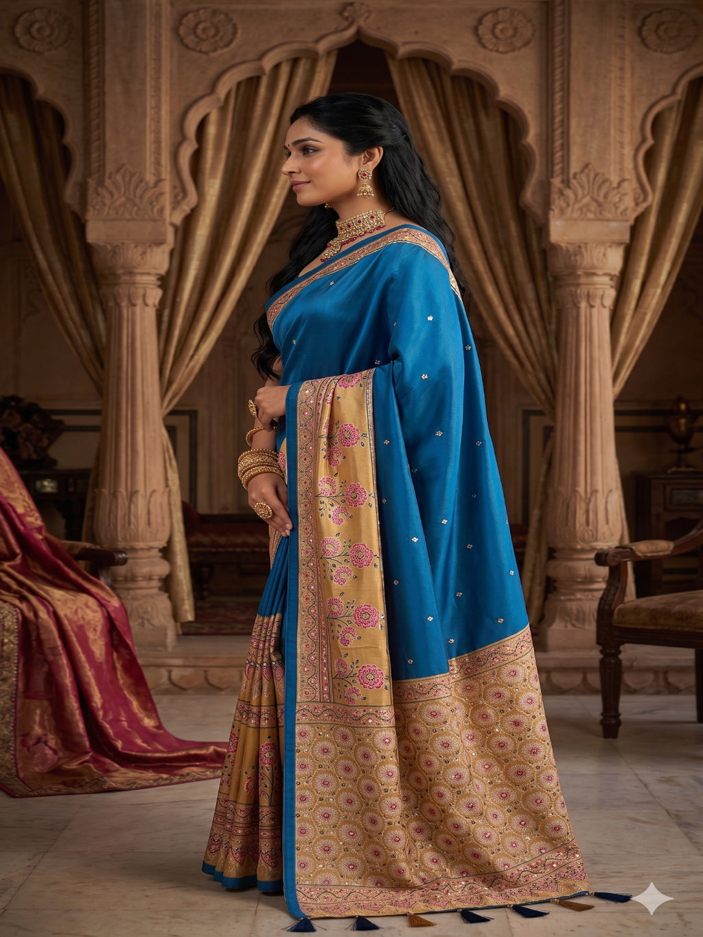 Japan Satin Silk Mirror Work with Latkan Pallu Border
