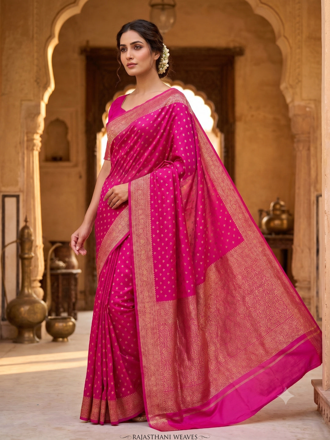 Silk Blend Golden Zari Border Woven Design Saree with Booti/Unstitched Blouse