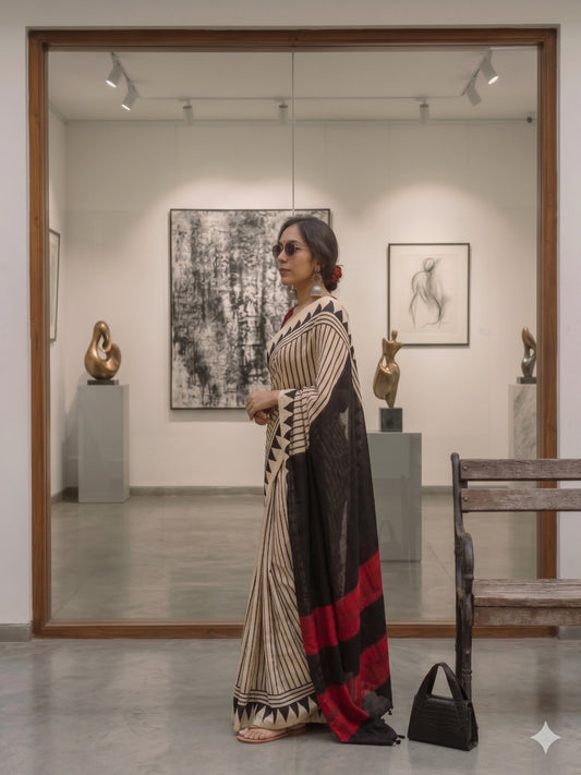 Satin Silk Cream & Black Print Saree