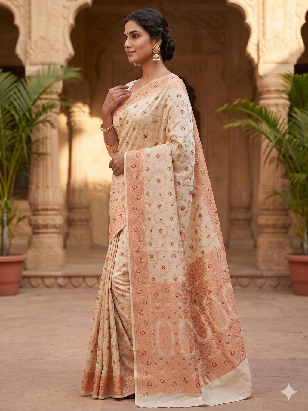 Banarasi Silk Cream &amp; Golden Zari Weaving Work Unstitched Blouse