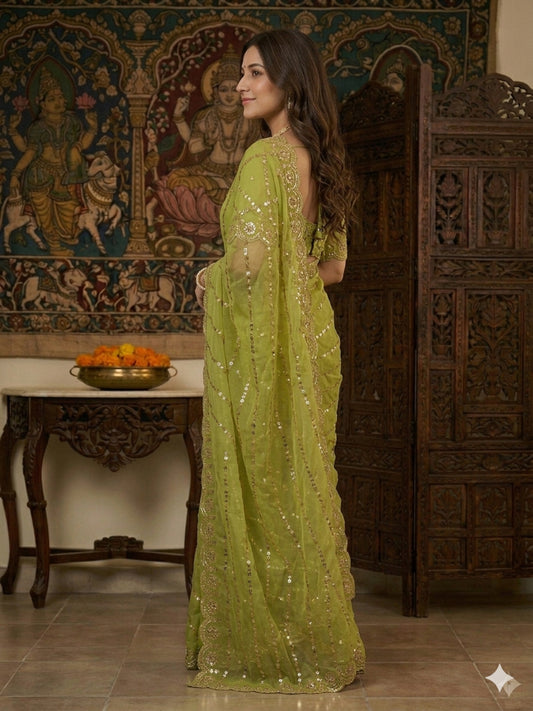 Georgette Green Sequins Work Saree/Sari