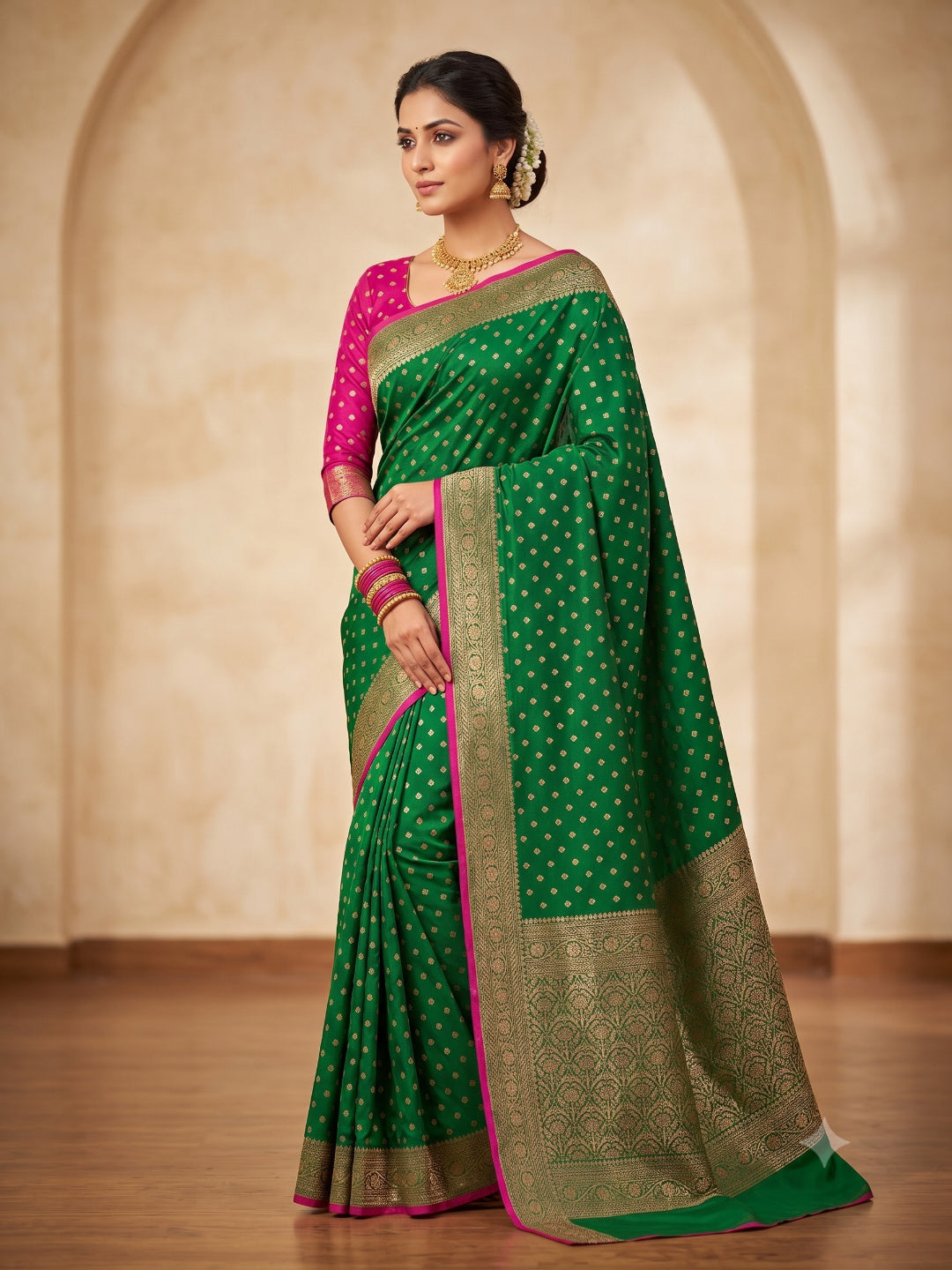 Silk Blend Golden Zari Border Woven Design Saree with Booti/Unstitched Blouse