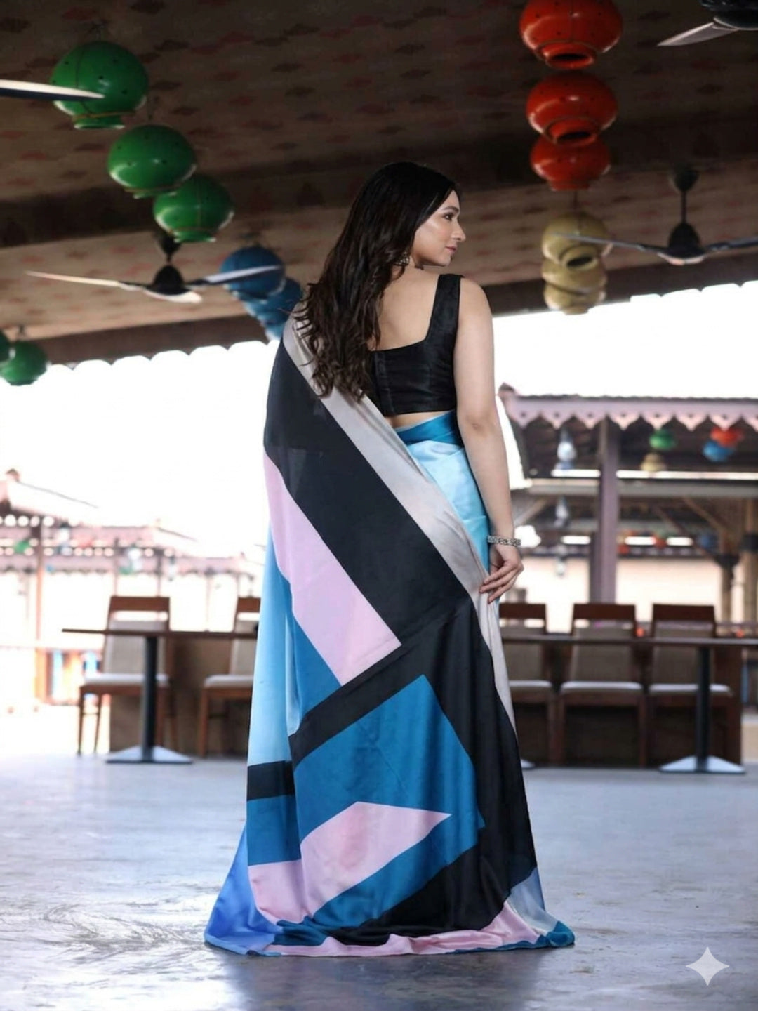 Japan Satin Multicolor Saree Digital Print Unstitched Blouse Sari