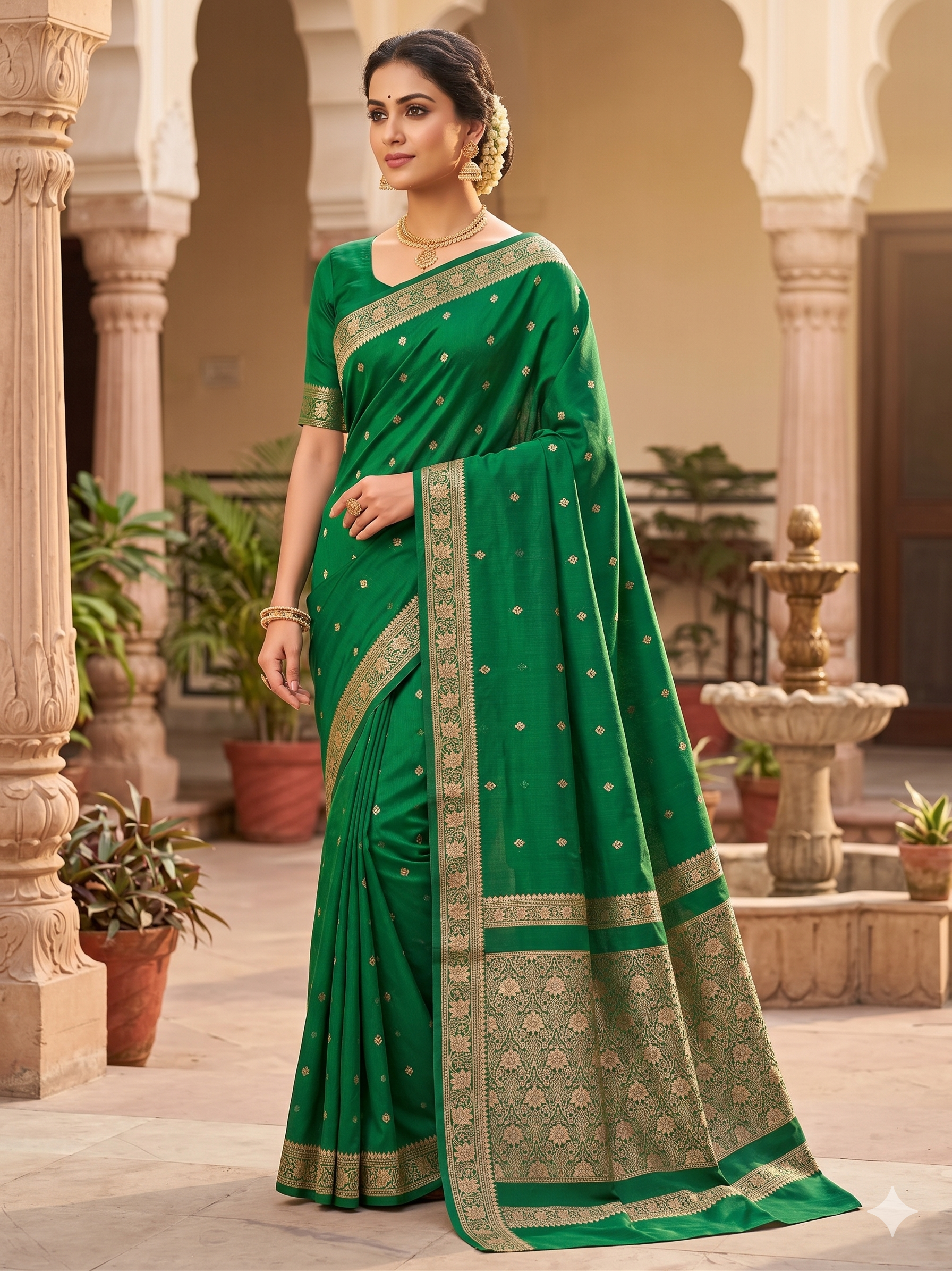 Soft Silk Green embroidery/Woven Design Saree with Unstitched Blouse