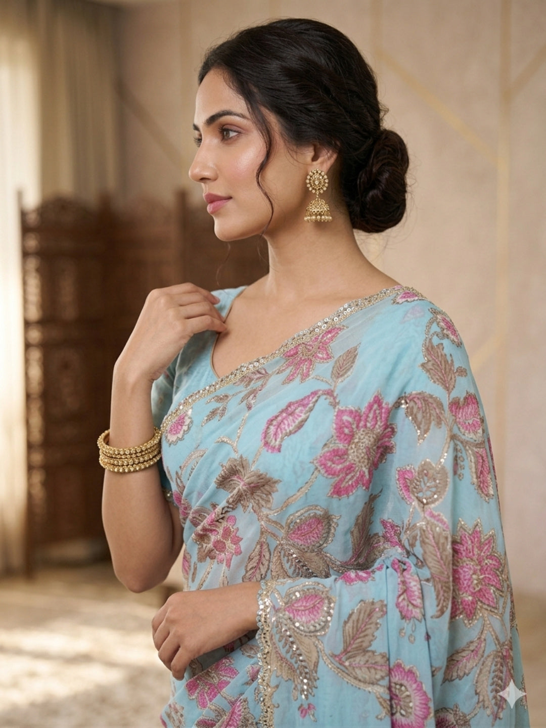 Georgette Sky Blue Saree with Sequinned Work