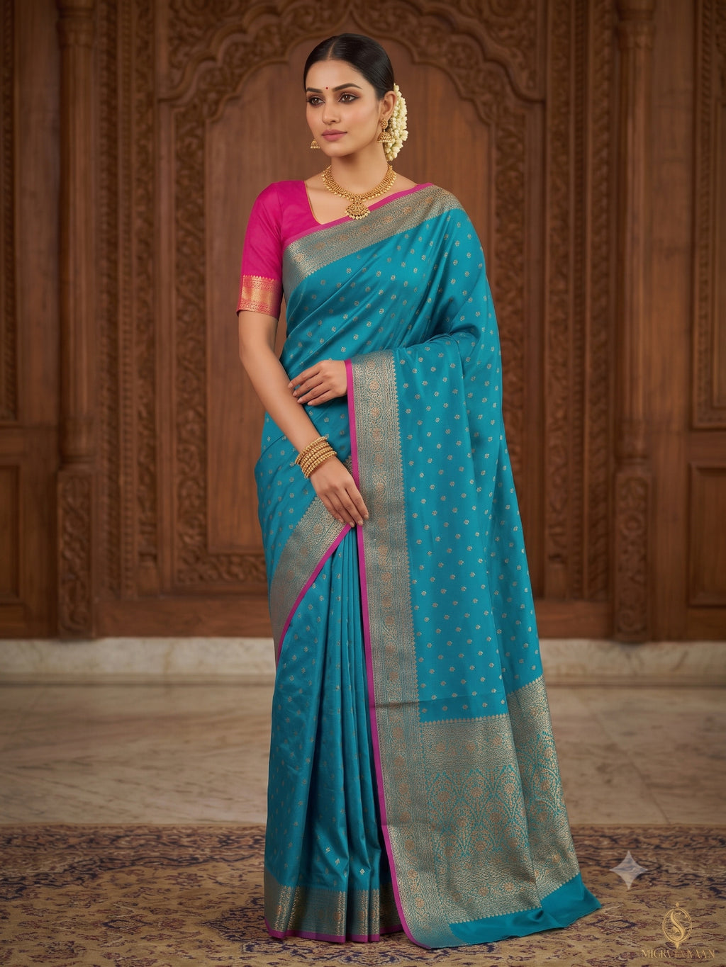 Silk Blend Golden Zari Border Woven Design Saree with Booti/Unstitched Blouse