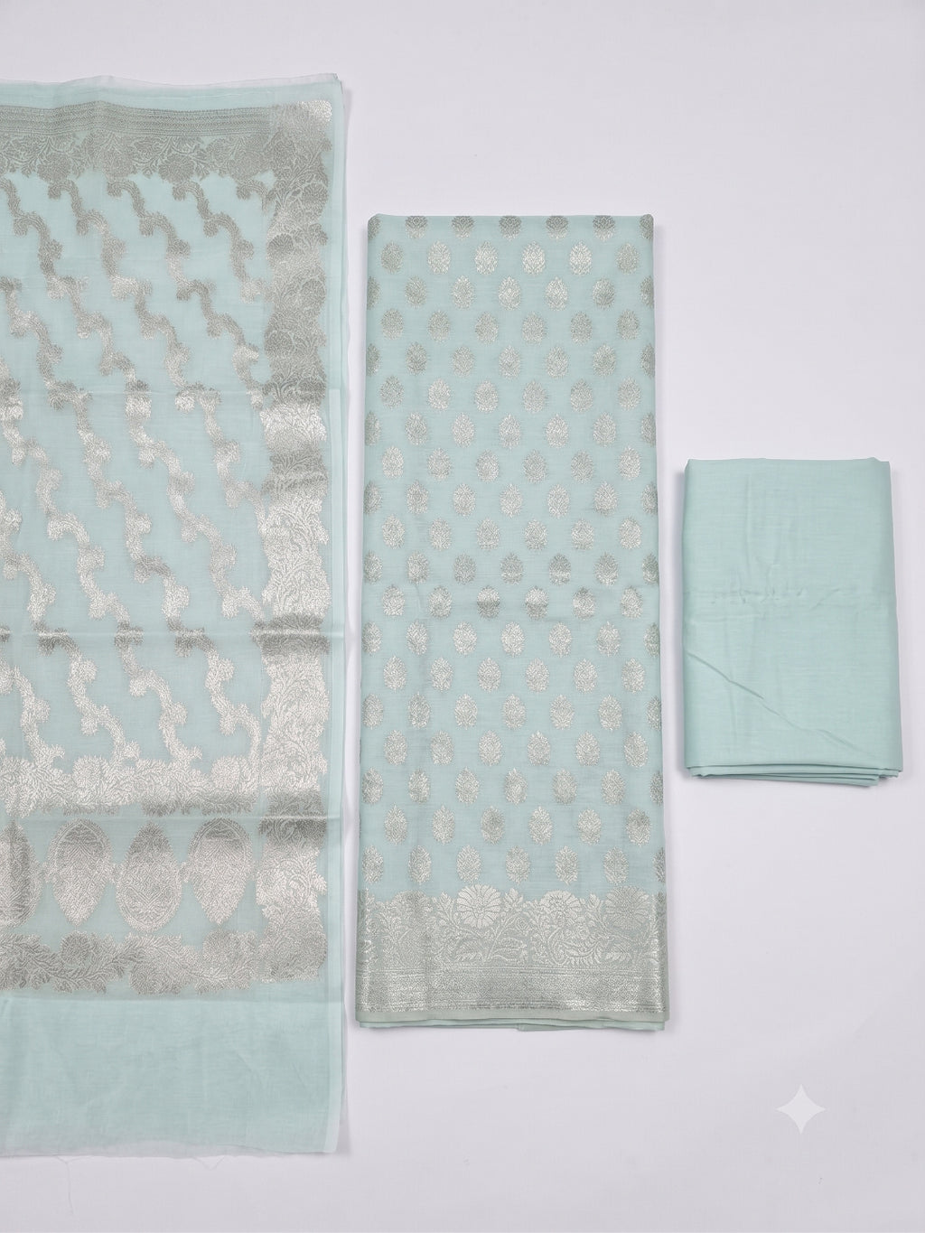 Banarsi Silk Sea Green Suit 3pc Unstitched Suit Zari Weaving Suit
