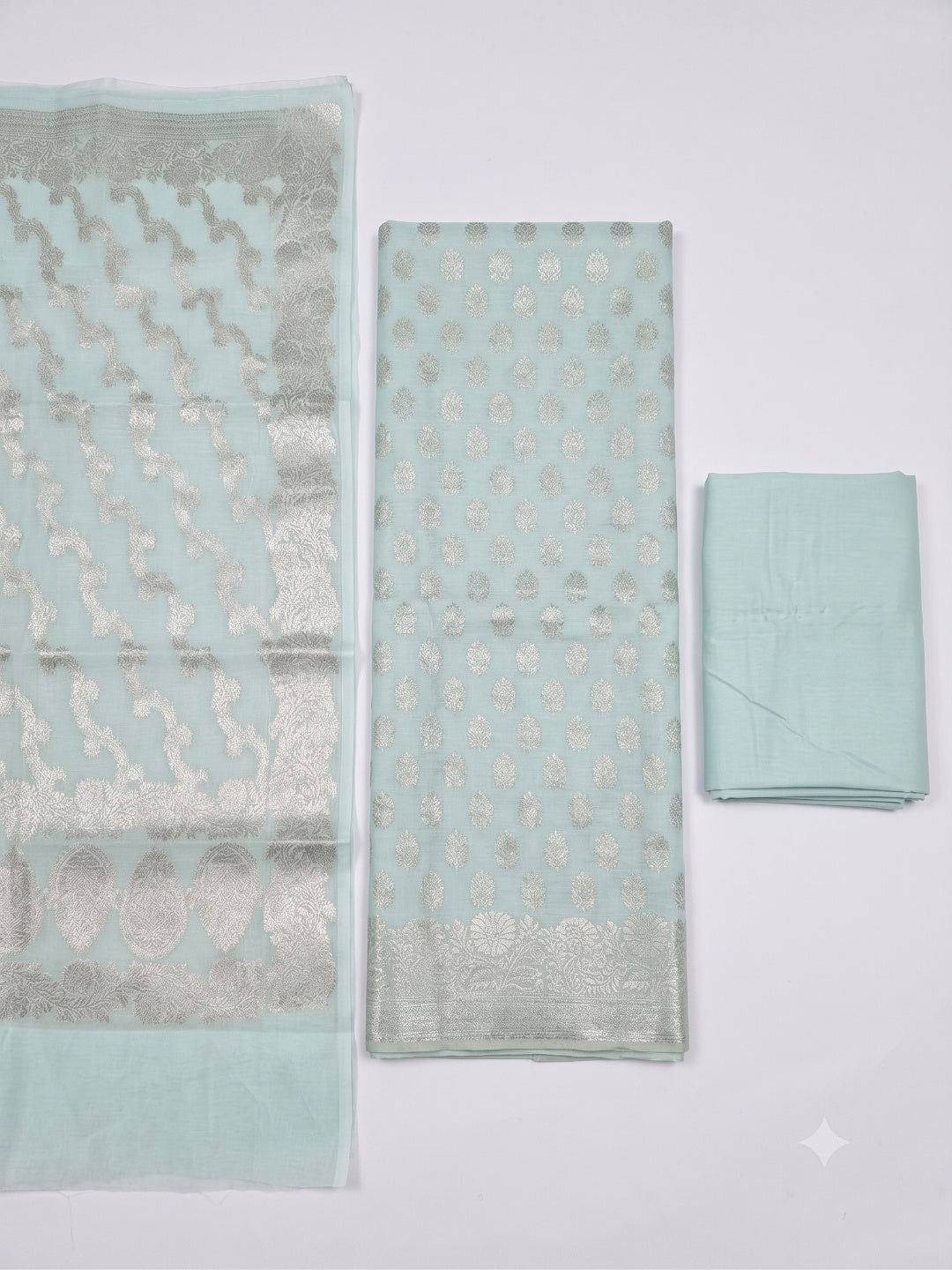 Banarsi Silk Sea Green Suit 3pc Unstitched Suit Zari Weaving Suit