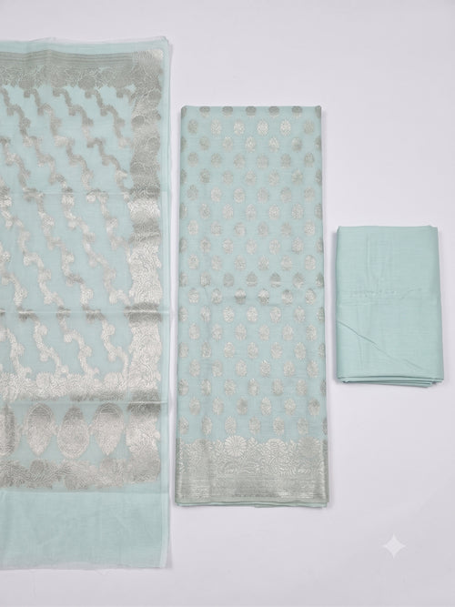 Banarsi Silk Sea Green Suit 3pc Unstitched Suit Zari Weaving Suit