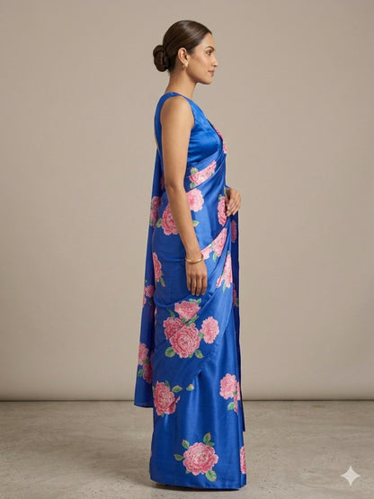 Floral Blue Satin Digital Print Saree/Unstitched Blouse Sari