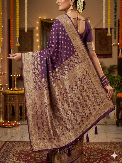 Soft Silk Wine & Golden Zari Border Swarovski Work with Booti/Unstitched Blouse