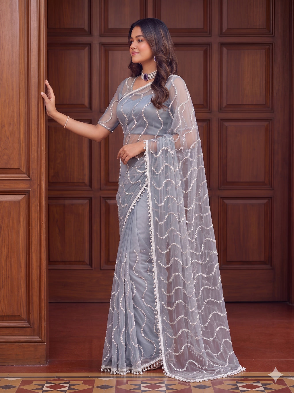 Net Sequence Saree with Unsticthed Blouse