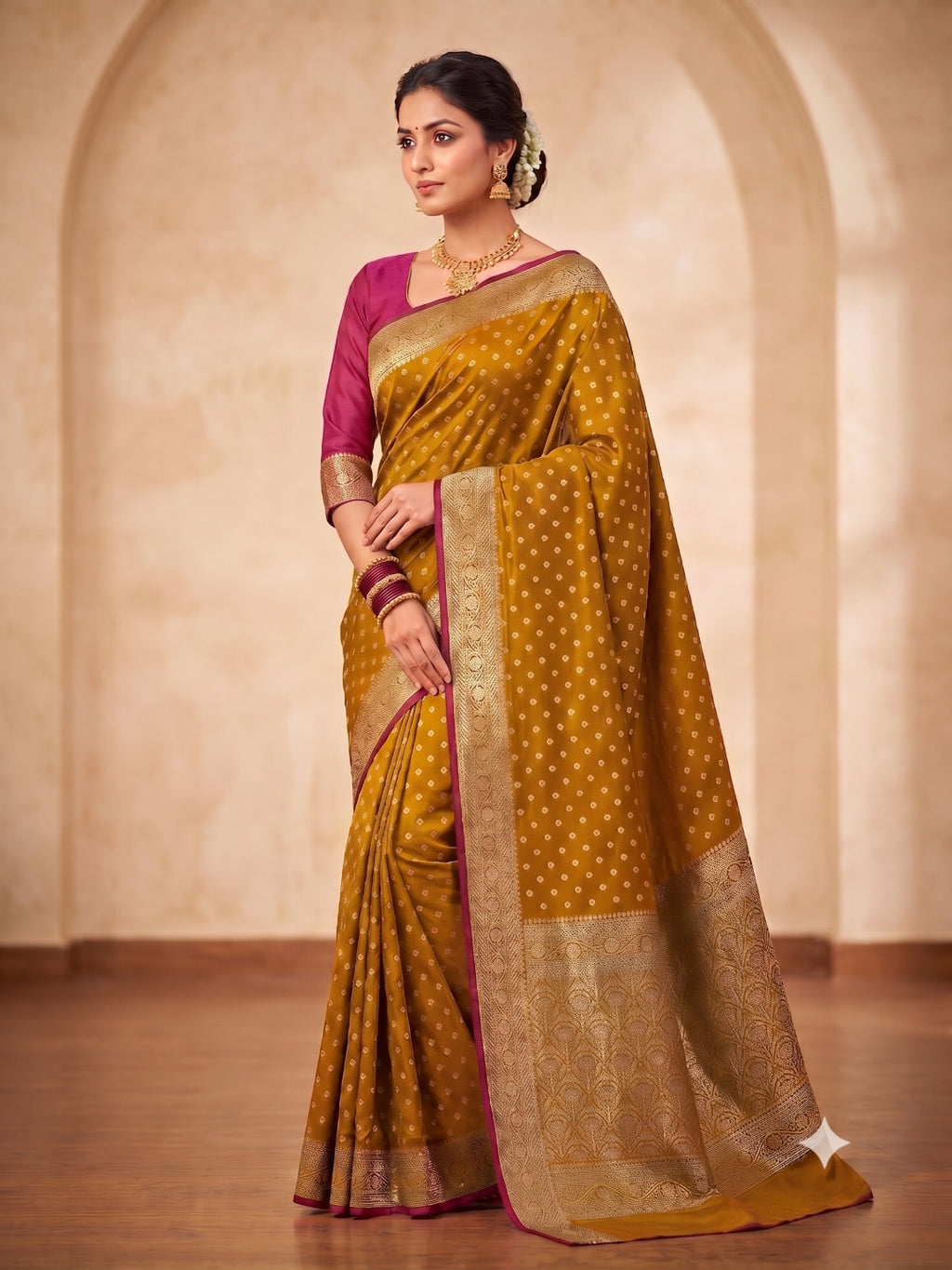 Silk Blend Golden Zari Border Woven Design Saree with Booti/Unstitched Blouse