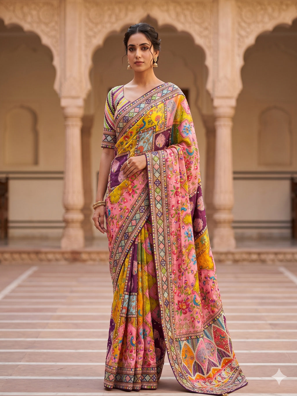 Heavy masakali georgette saree with rajgharana culture digital print and mirror work