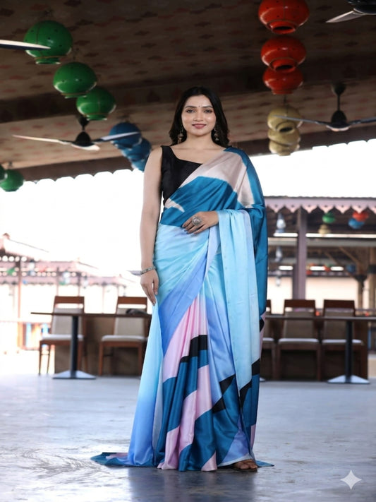 Japan Satin Multicolor Saree Digital Print Unstitched Blouse Sari